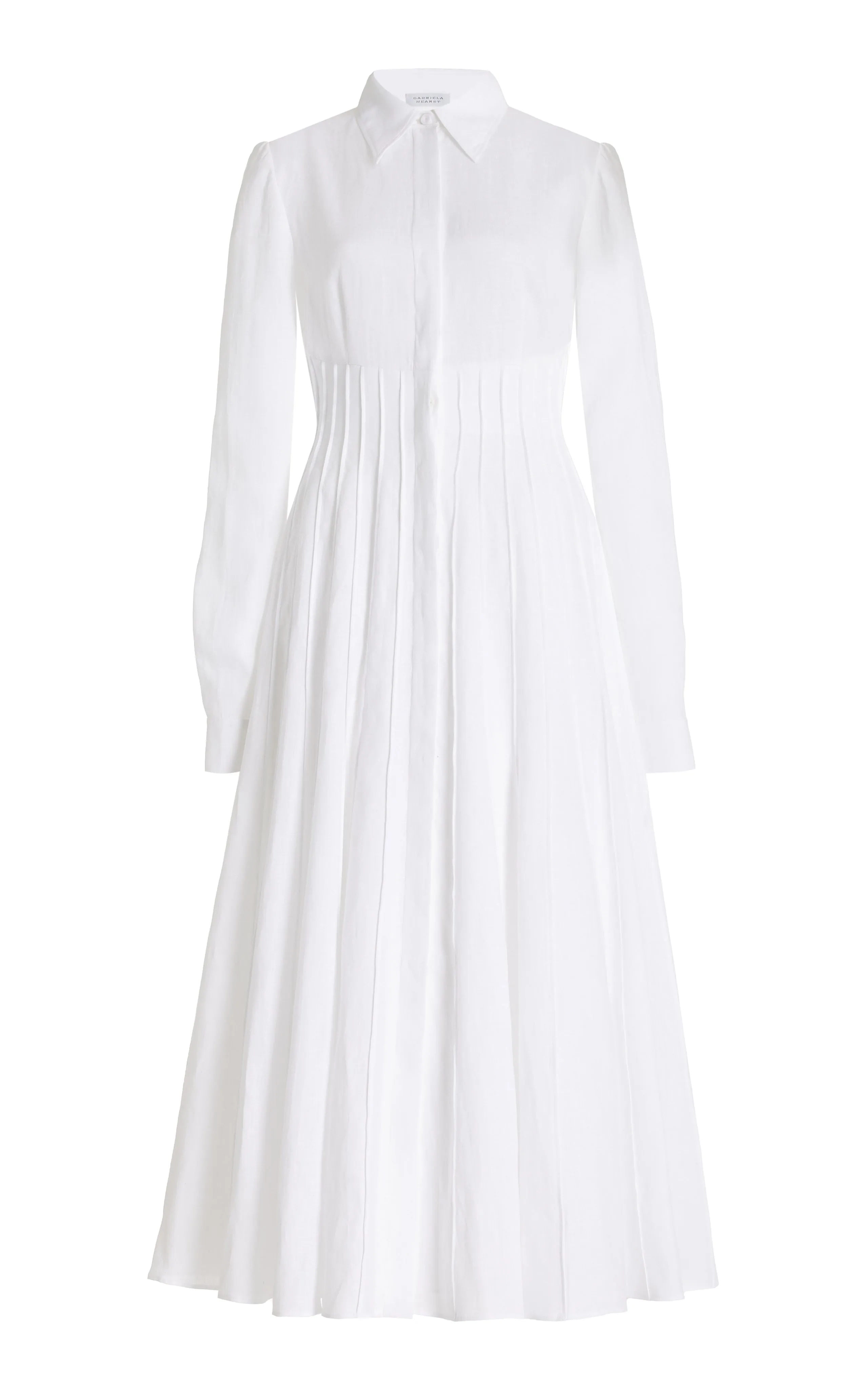 Dewi Pleated Maxi Shirtdress in White Aloe Linen sold by Gabriela Hearst