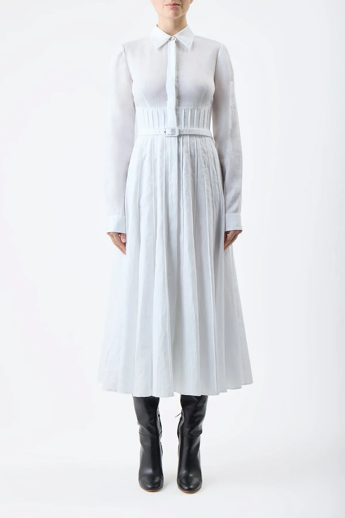 Dewi Pleated Maxi Shirtdress in White Aloe Linen sold by Gabriela Hearst product image thumbnail 3
