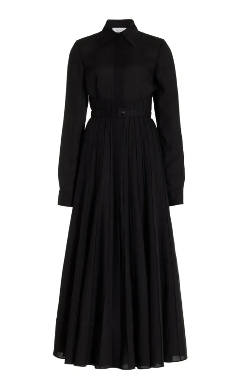 Dewi Pleated Maxi Shirtdress in Black Aloe Linen sold by Gabriela Hearst