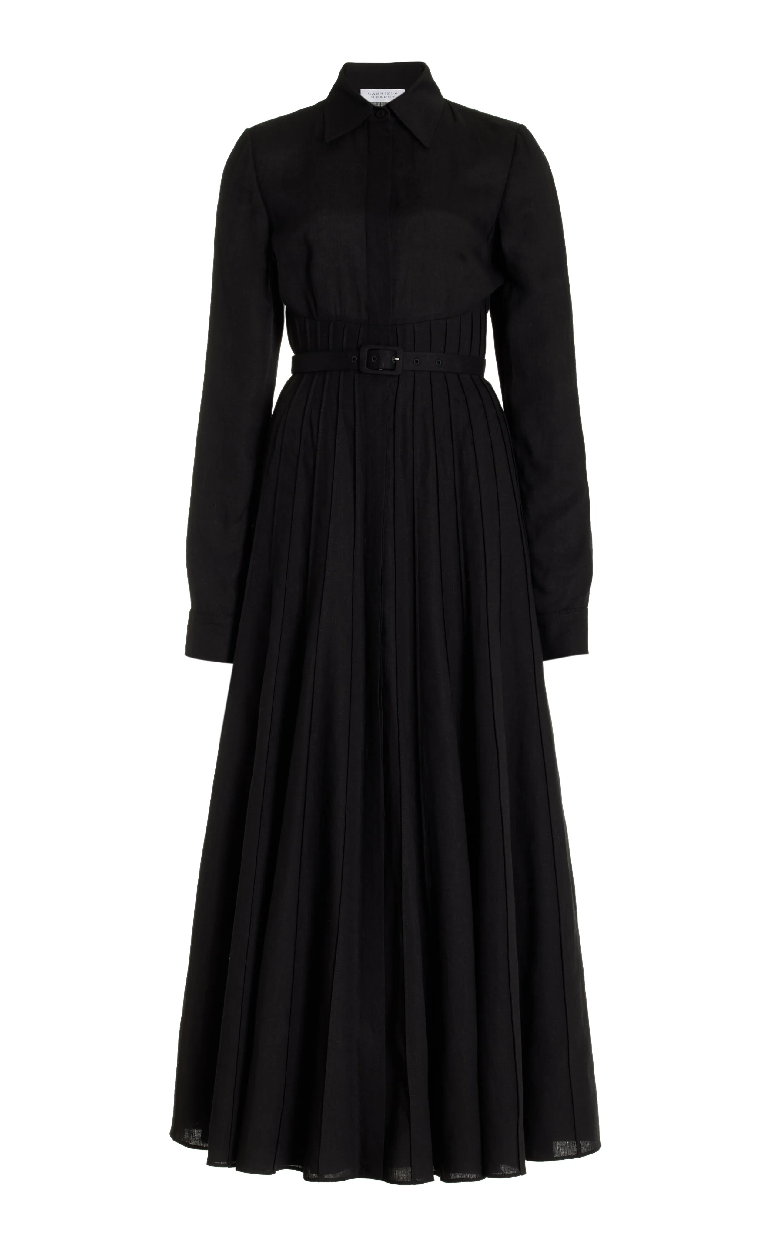 Dewi Pleated Maxi Shirtdress in Black Aloe Linen sold by Gabriela Hearst