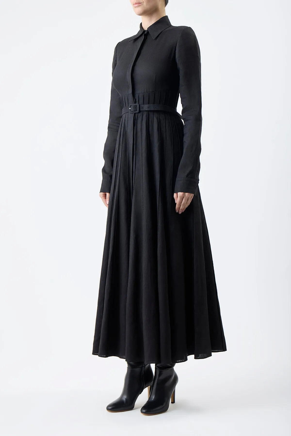 Dewi Pleated Maxi Shirtdress in Black Aloe Linen sold by Gabriela Hearst product image thumbnail 3