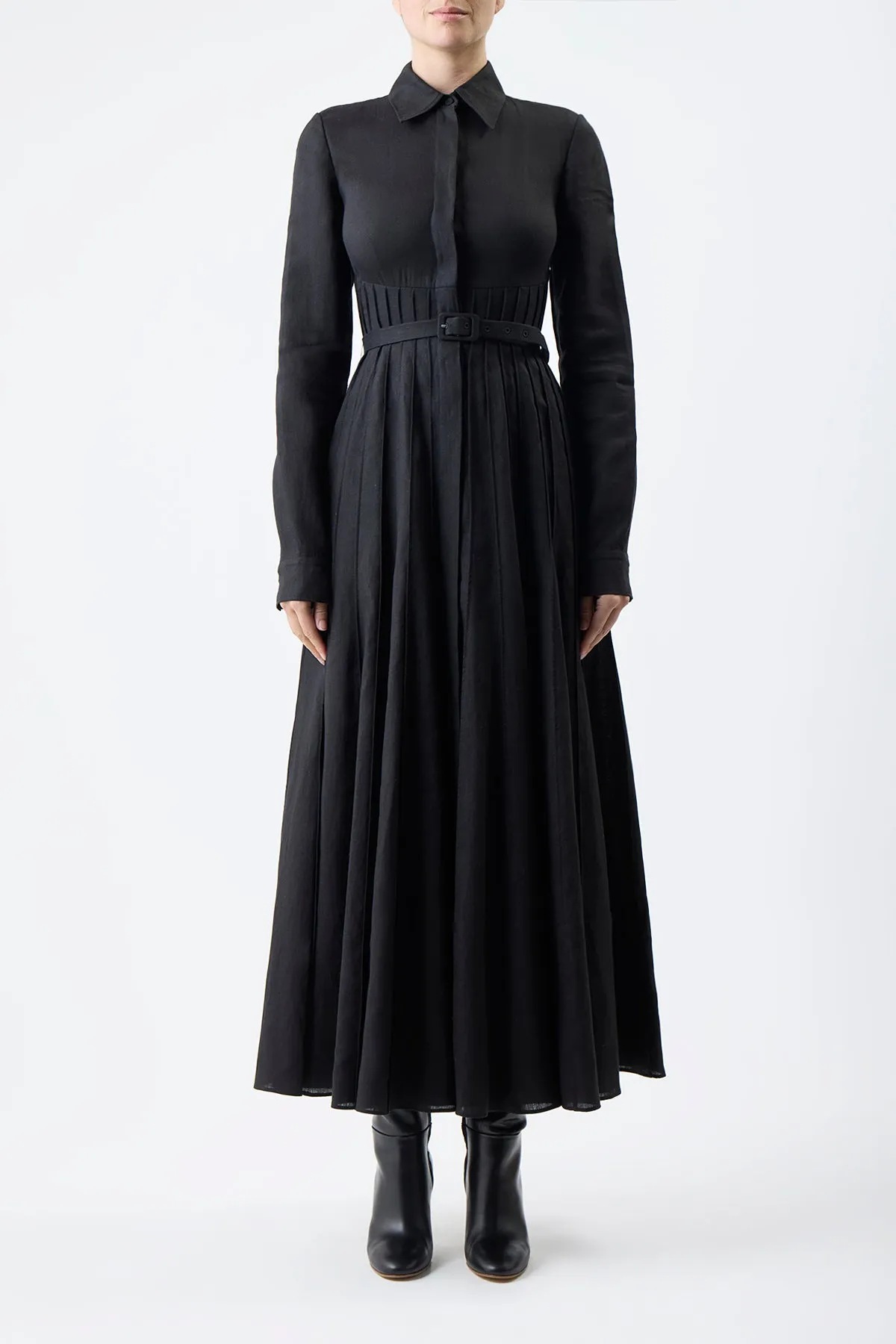 Dewi Pleated Maxi Shirtdress in Black Aloe Linen sold by Gabriela Hearst product image thumbnail 2