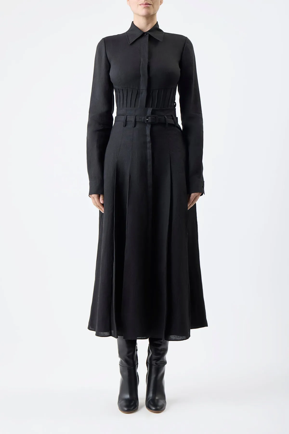 Dugald Pleated Midi Skirt in Black Aloe Linen sold by Gabriela Hearst product image thumbnail 2