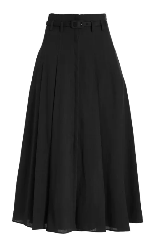 Dugald Pleated Midi Skirt in Black Aloe Linen sold by Gabriela Hearst