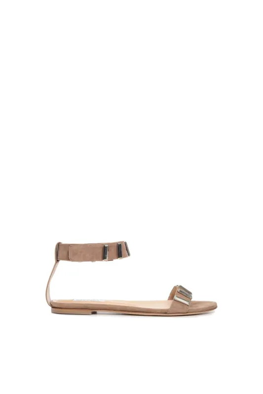 Lana Hardware Flat Sandal in Mink Suede sold by Gabriela Hearst