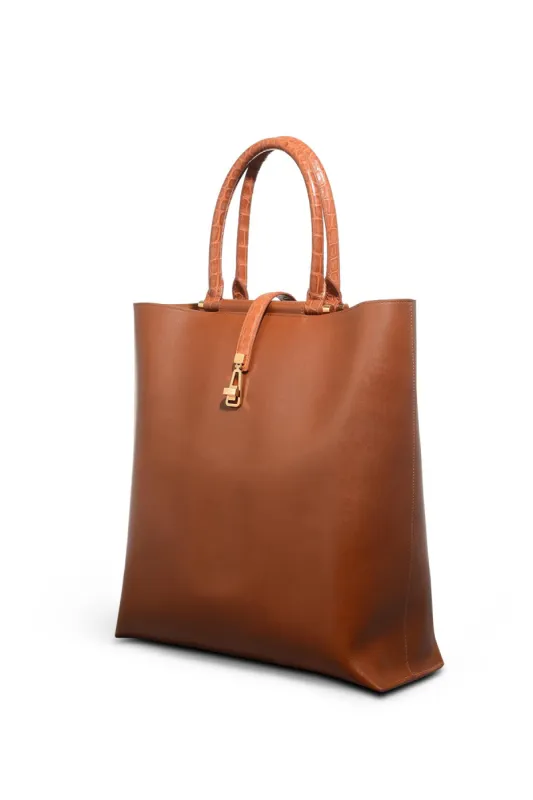 Vevers Tote Bag in Cognac Leather with Crocodile Leather Handle made by Gabriela Hearst