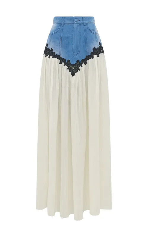 Leigh Lace Maxi Skirt in Light Blue Recycled Cotton Linen Denim sold by Gabriela Hearst