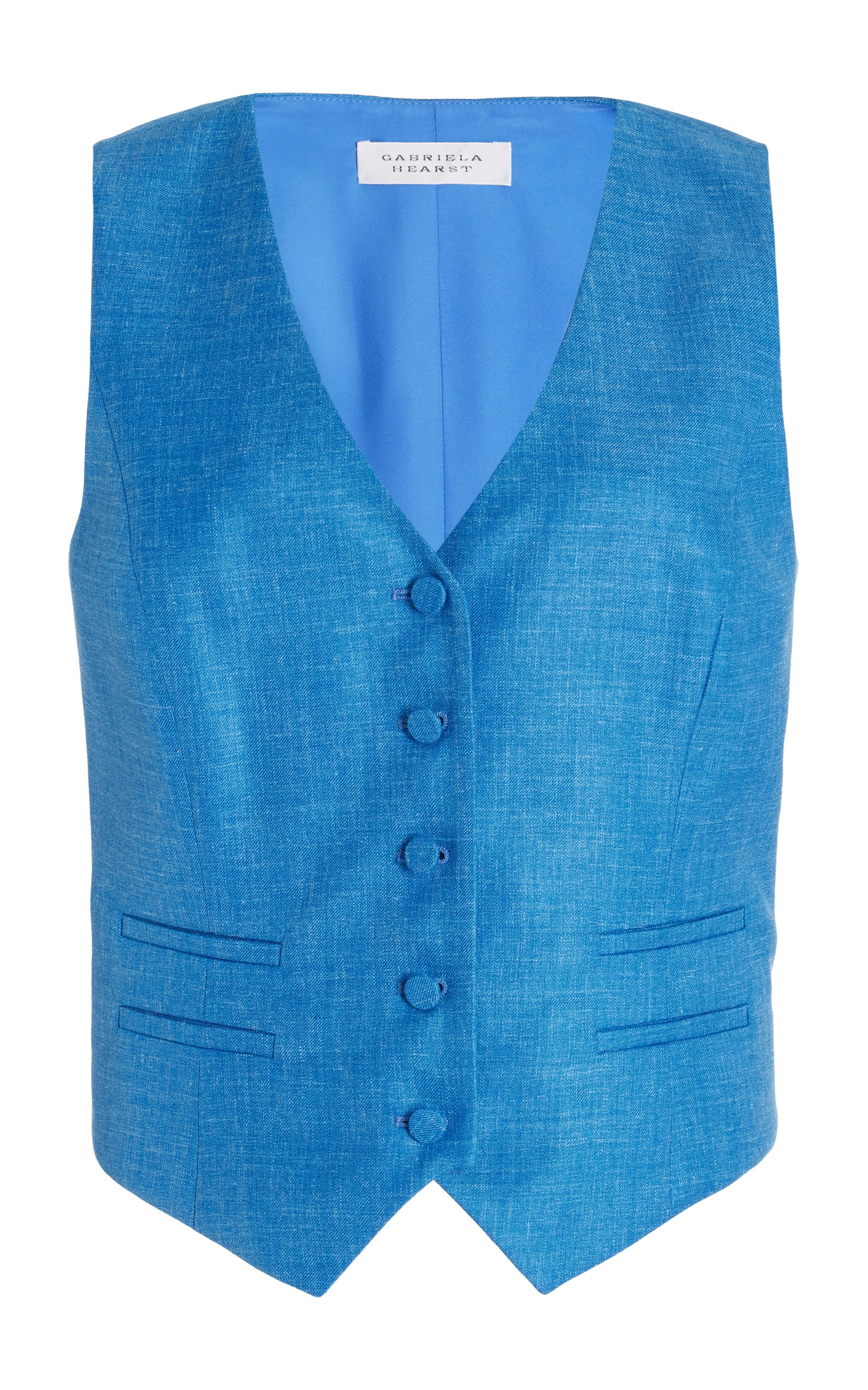 Coleridge Vest in Aventurine Blue Virgin Wool and Silk Linen Twill sold by Gabriela Hearst