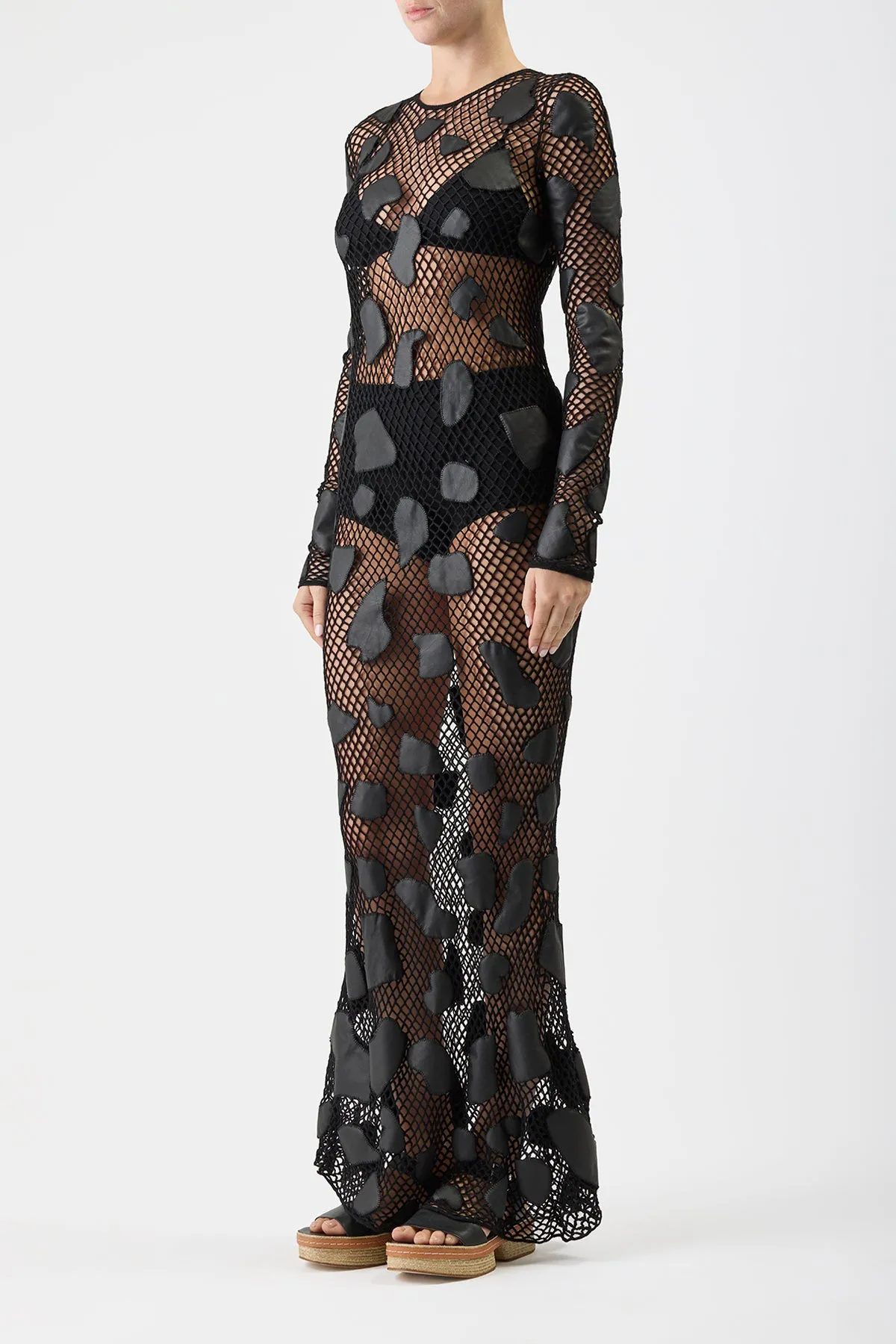 Romeo Crochet Maxi Dress in Black Merino Wool with Nappa Leather Patches sold by Gabriela Hearst product image thumbnail 4