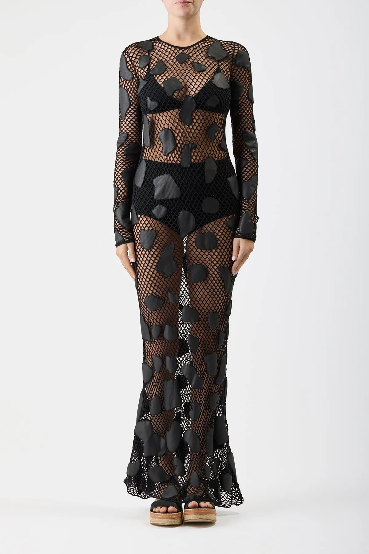 Romeo Crochet Maxi Dress in Black Merino Wool with Nappa Leather Patches sold by Gabriela Hearst product image thumbnail 3