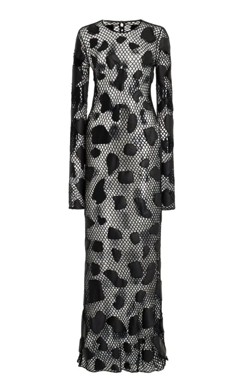 Romeo Crochet Maxi Dress in Black Merino Wool with Nappa Leather Patches sold by Gabriela Hearst