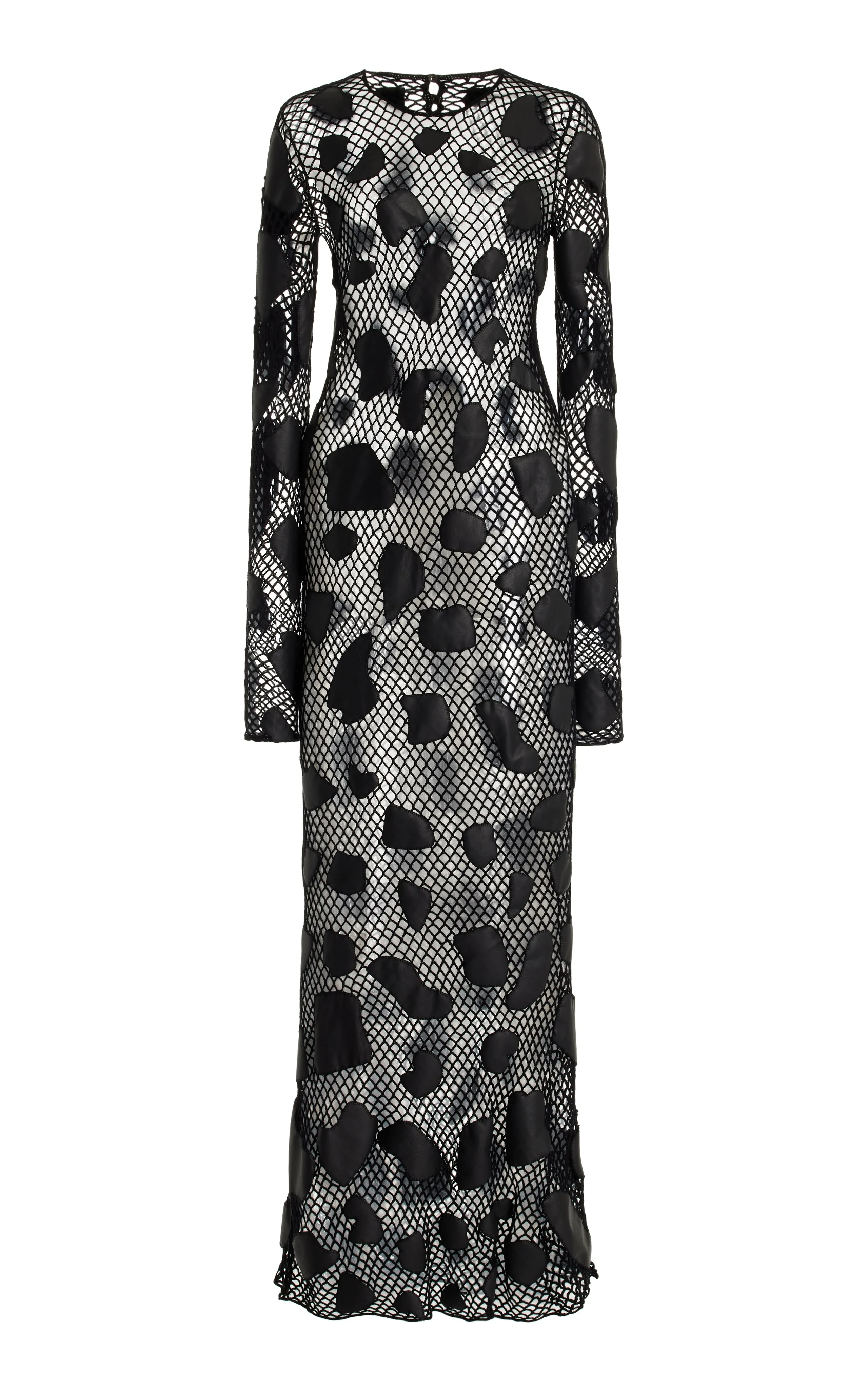 Romeo Crochet Maxi Dress in Black Merino Wool with Nappa Leather Patches sold by Gabriela Hearst