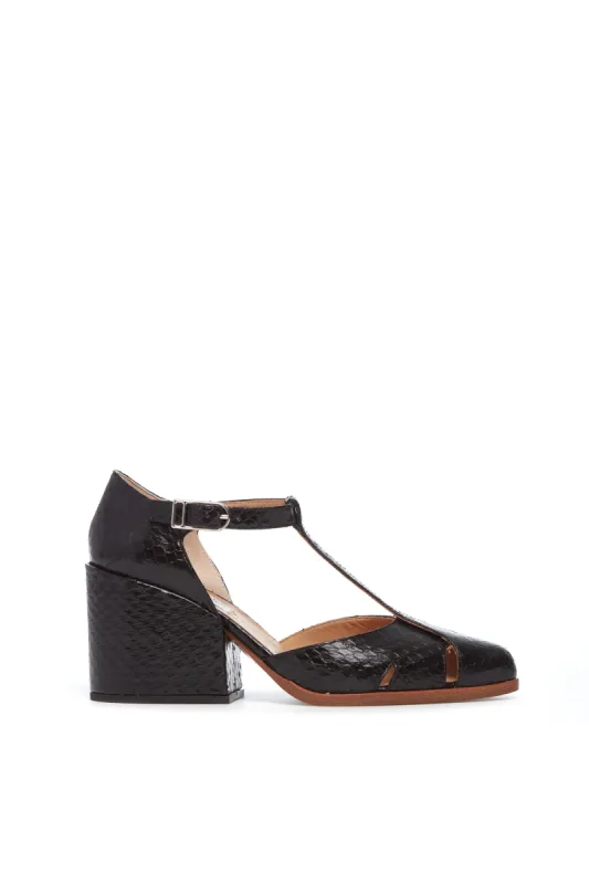 Hawes T-Strap Heel in Black Snakeskin sold by Gabriela Hearst