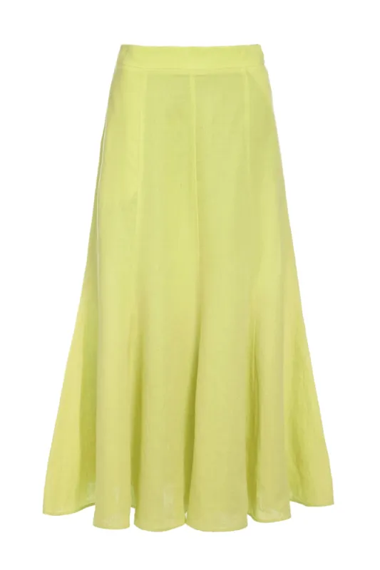 Tate Midi Skirt in Fluorescent Yellow Aloe Linen sold by Gabriela Hearst