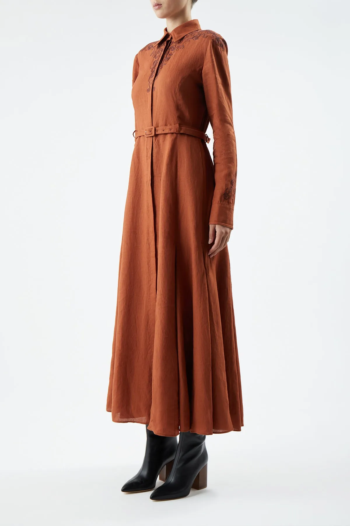 Mcgraw Embroidered Shirtdress in Red Clay Aloe Linen sold by Gabriela Hearst product image thumbnail 3
