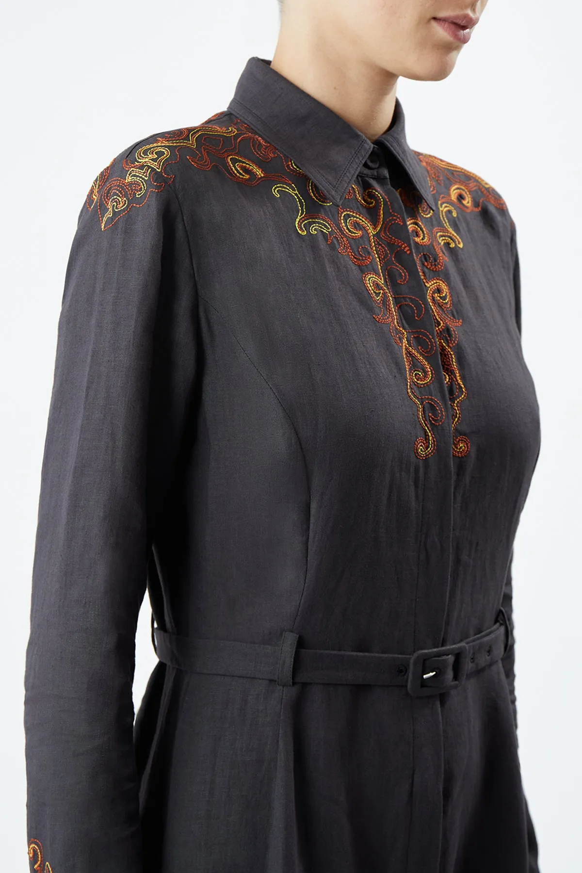 Mcgraw Embroidered Shirtdress in Charcoal Aloe Linen sold by Gabriela Hearst product image thumbnail 5