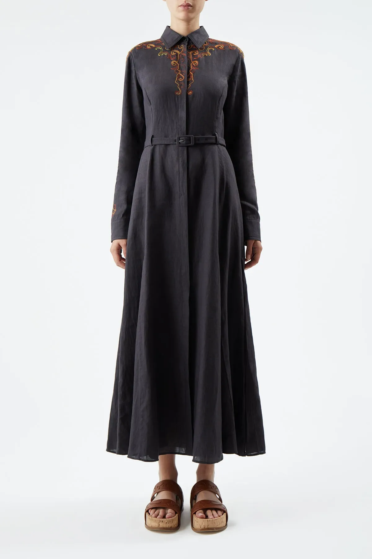Mcgraw Embroidered Shirtdress in Charcoal Aloe Linen sold by Gabriela Hearst product image thumbnail 2