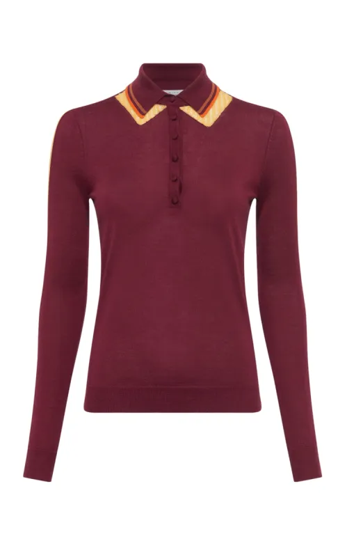 Zorya Knit Long Sleeve Polo In Merlot Multi Cashmere Silk sold by Gabriela Hearst