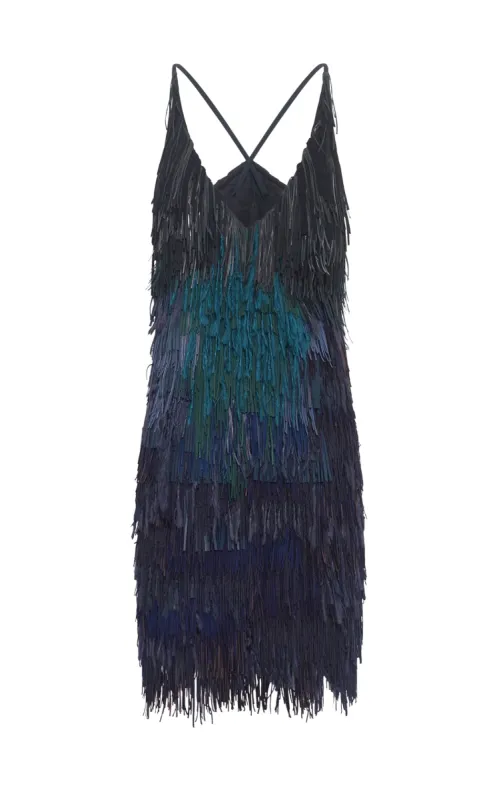 Freyja Mini Dress in Navy Multi Silk Fringe sold by Gabriela Hearst