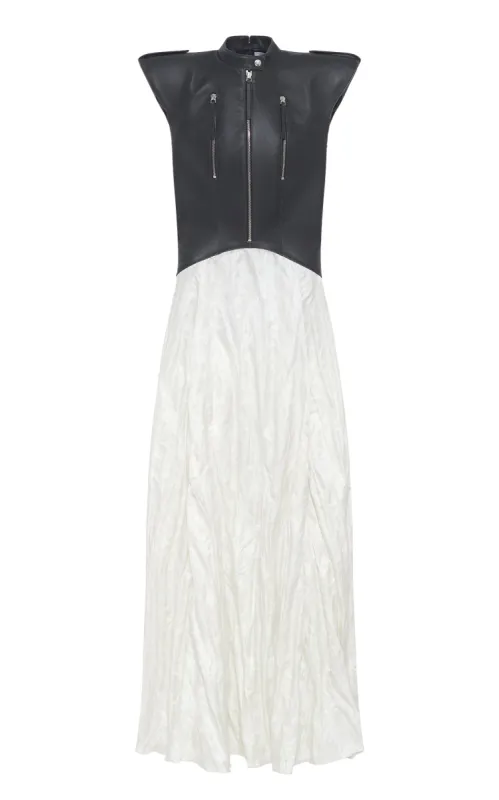 Athena Midi Dress in Black Leather & Ivory Crinkled Silk sold by Gabriela Hearst