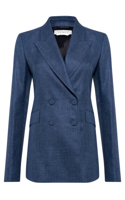 Angela Blazer in Denim Virgin Wool Silk with Linen sold by Gabriela Hearst