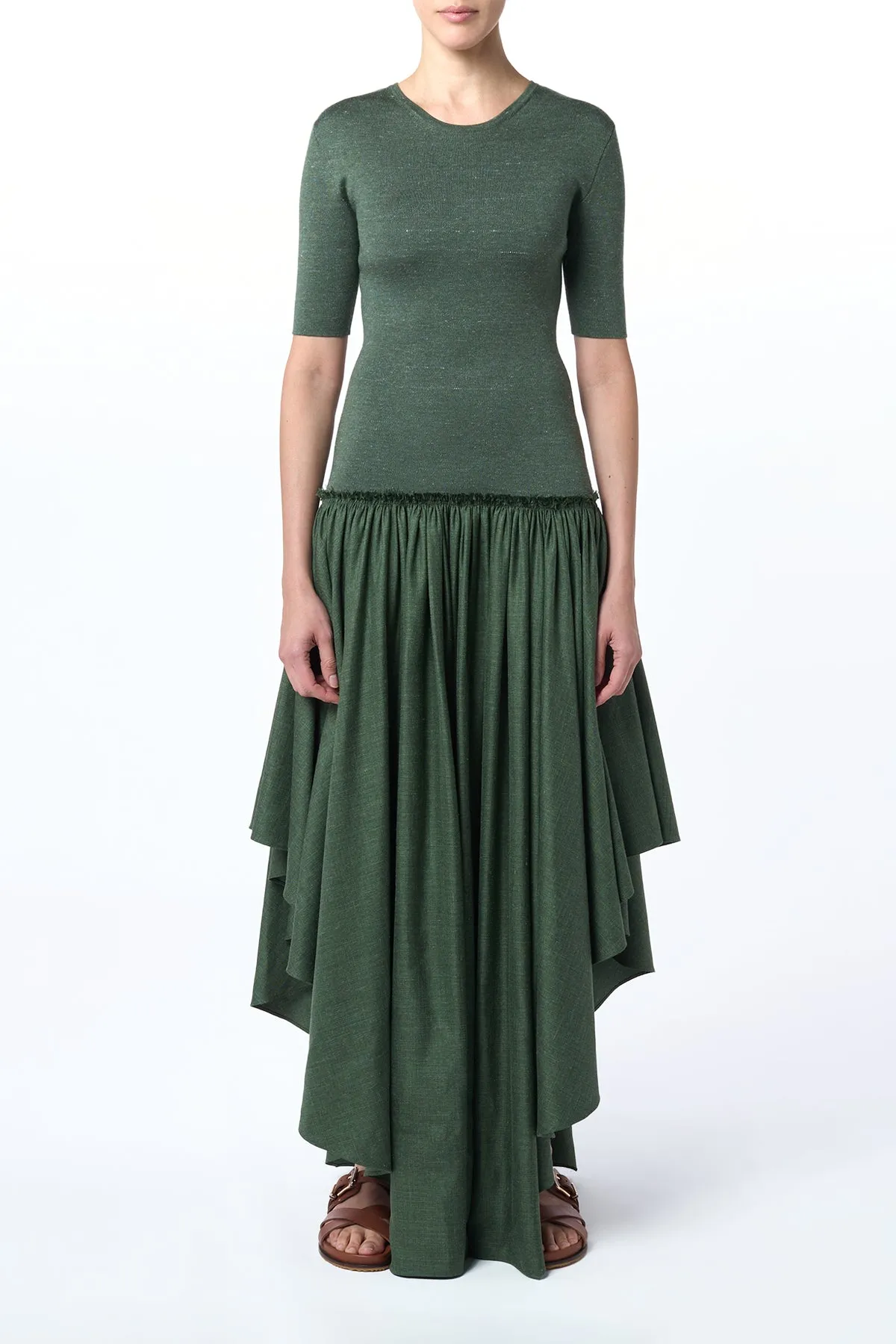 Sirona Pleated Maxi Dress in Olive Virgin Wool Silk with Linen sold by Gabriela Hearst product image thumbnail 2