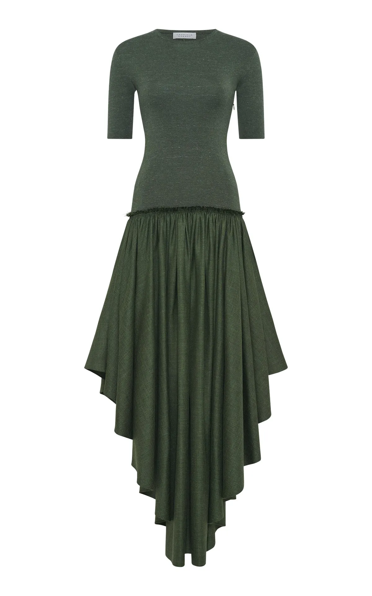 Sirona Pleated Maxi Dress in Olive Virgin Wool Silk with Linen sold by Gabriela Hearst