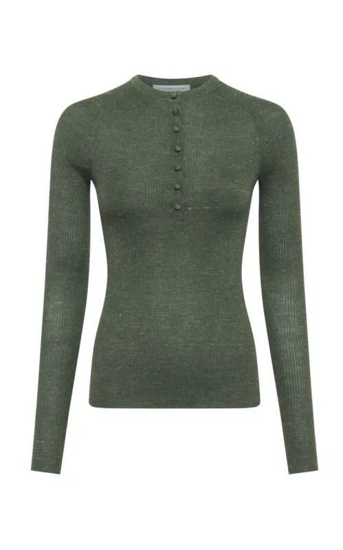 Anges Knit Henley in Olive Cashmere Silk with Hemp sold by Gabriela Hearst