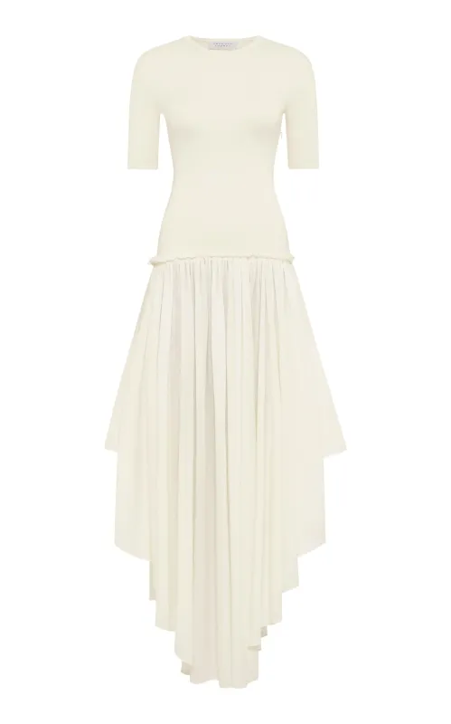 Sirona Pleated Maxi Dress in Ivory Virgin Wool Silk with Linen sold by Gabriela Hearst