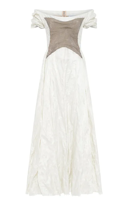 Augustine Chainmail Maxi Dress in Ivory Metallic Crinkled Silk & Silver Steel made by Gabriela Hearst