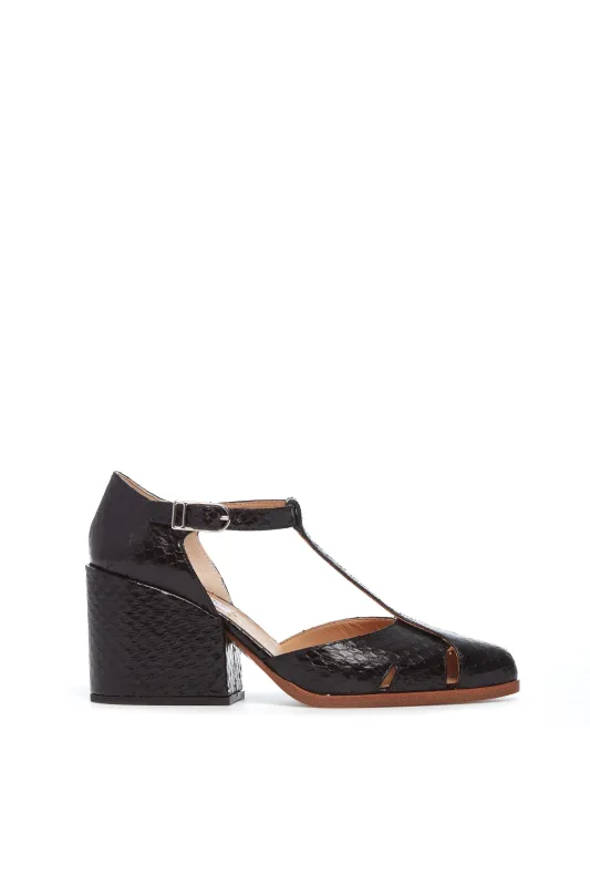 Hawes T-Strap Heel in Black Snakeskin sold by Gabriela Hearst