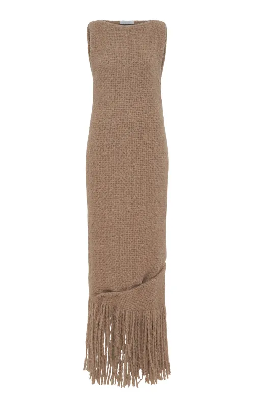 Gemma Fringe Maxi Dress in Oatmeal Welfat Cashmere sold by Gabriela Hearst