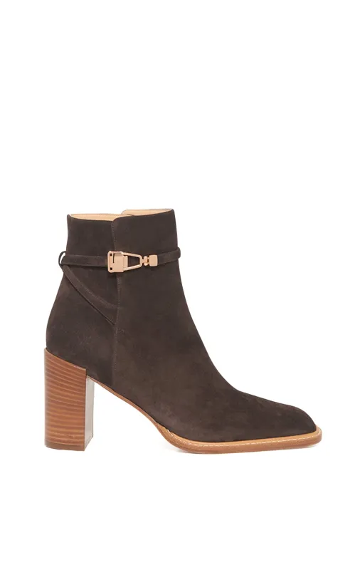 Nina Clasp Ankle Boot in Dark Chocolate Suede sold by Gabriela Hearst