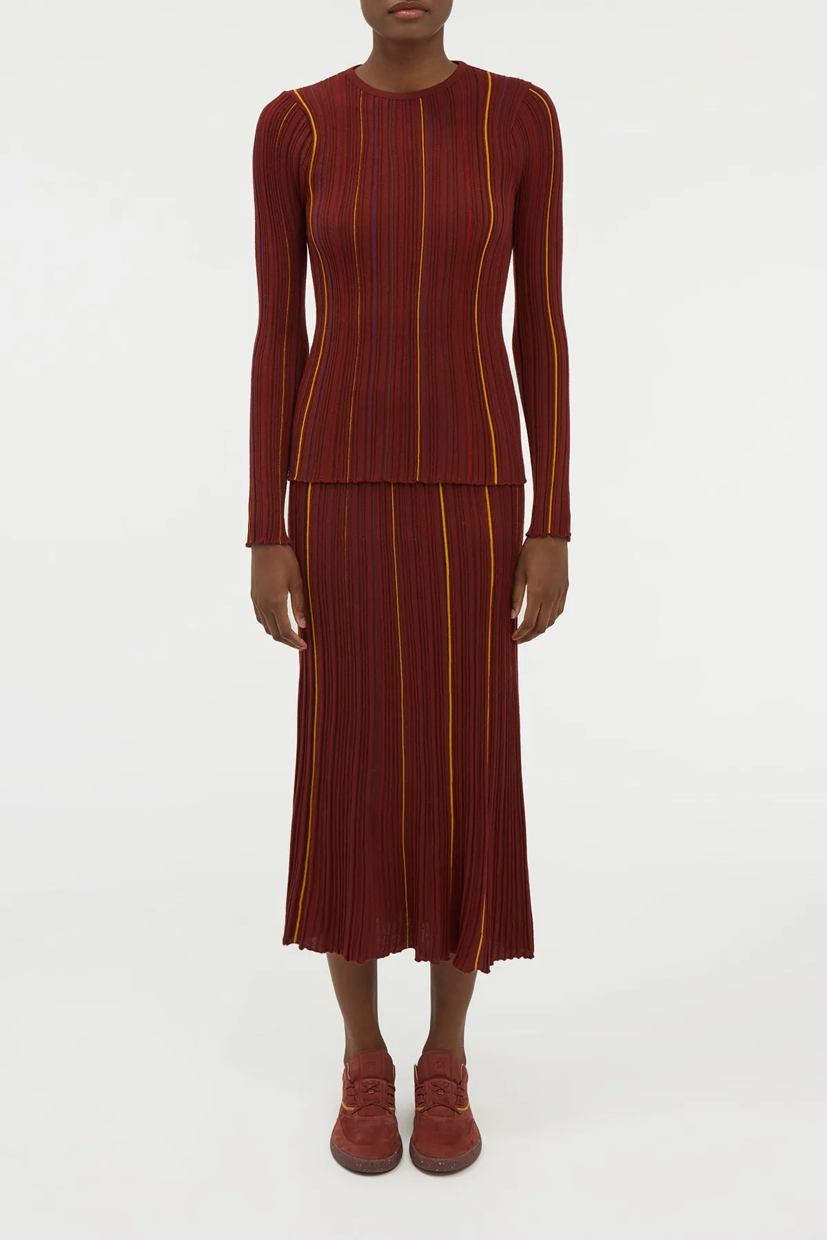 Celeano Pinstripe Knit Midi Skirt Burnt Sienna Merino Wool sold by Gabriela Hearst product image thumbnail 2