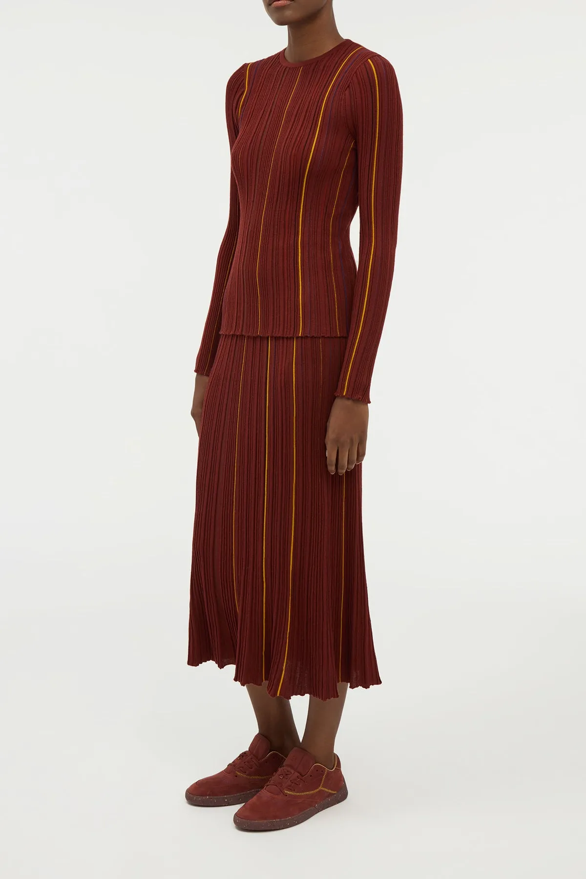 Celeano Pinstripe Knit Midi Skirt Burnt Sienna Merino Wool sold by Gabriela Hearst product image thumbnail 3