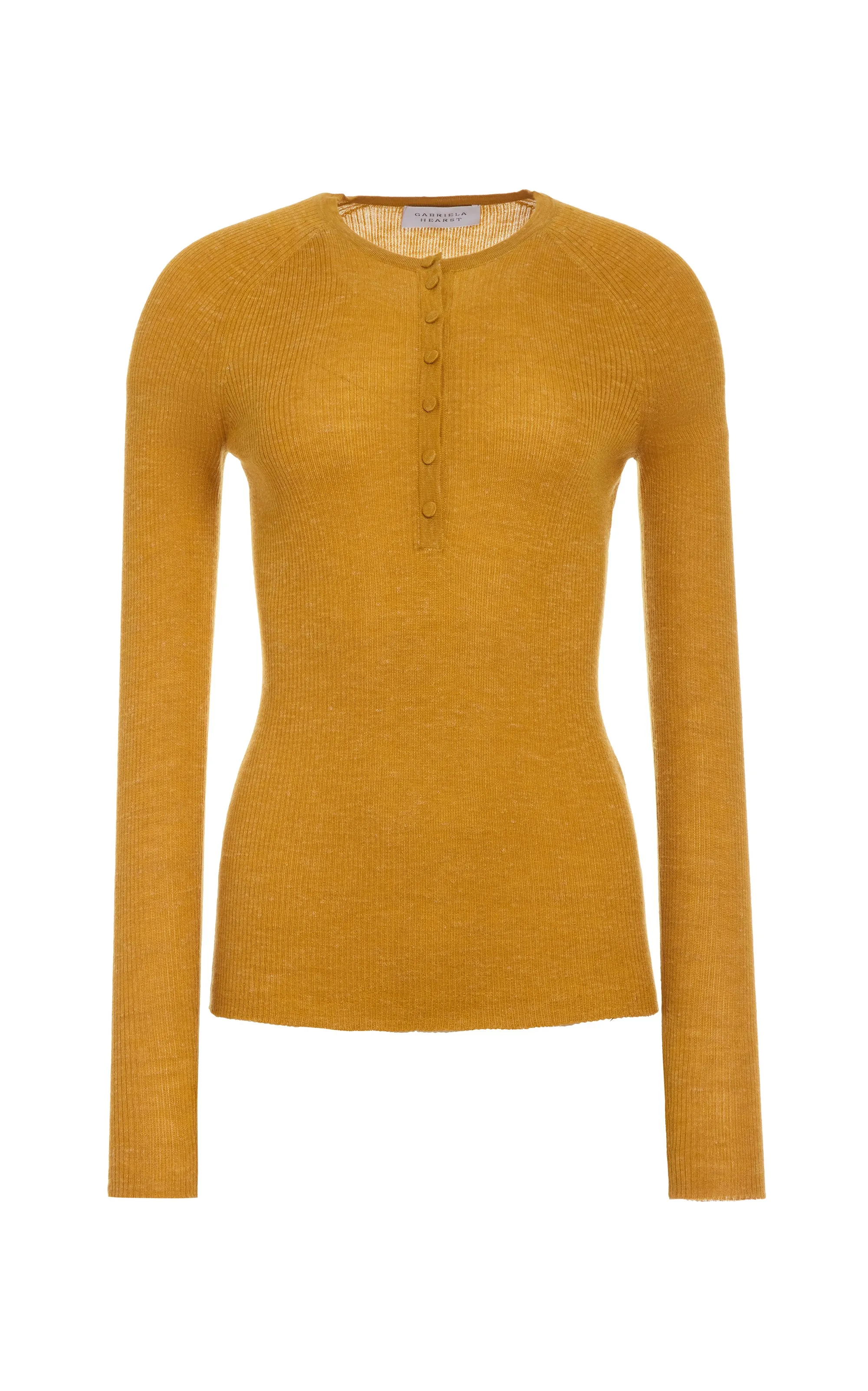 Anges Knit Henley in Golden Birch Cashmere Silk with Hemp sold by Gabriela Hearst