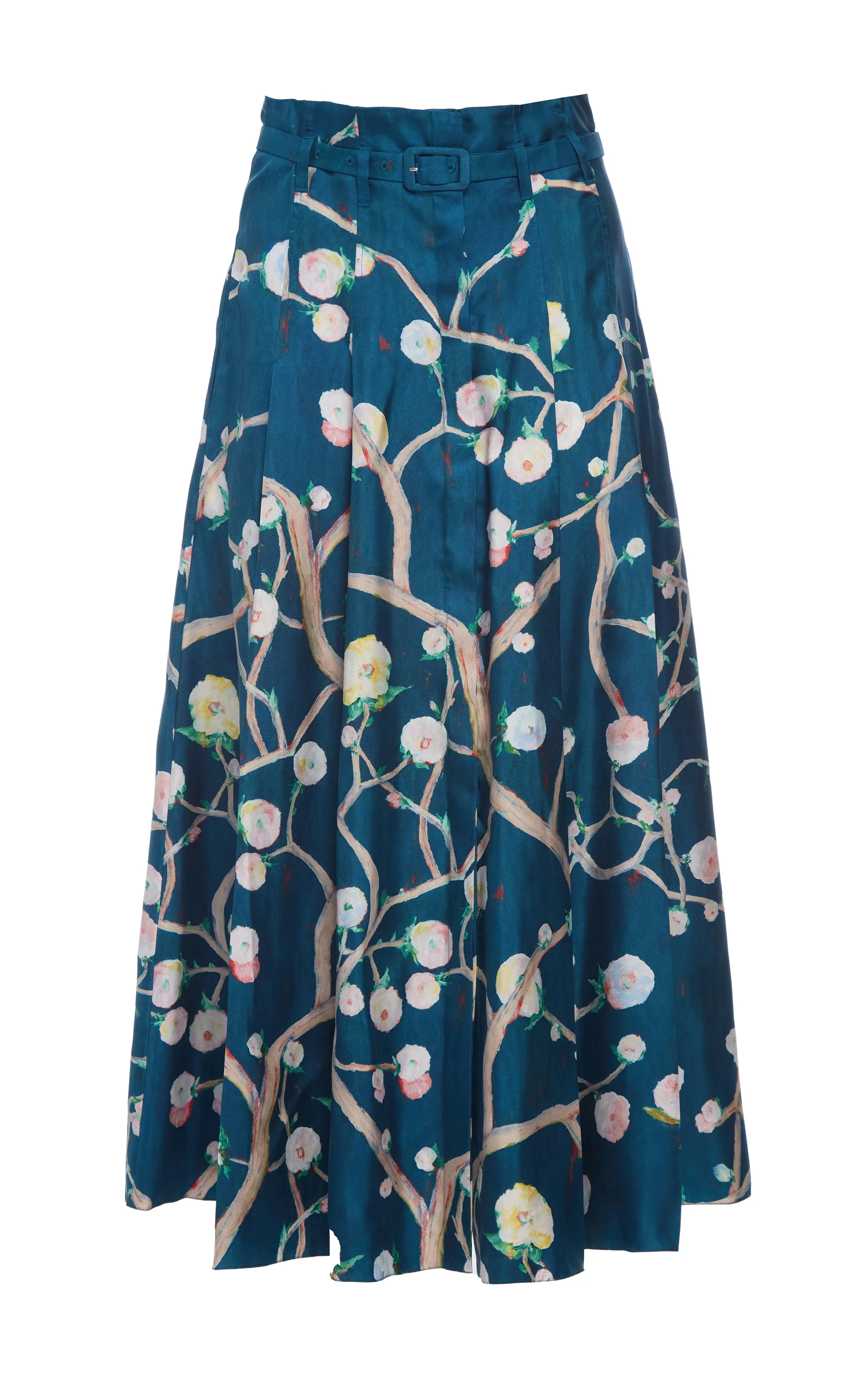 Dugald Pleated Midi Skirt in Blue Multi Printed Silk Twill sold by Gabriela Hearst