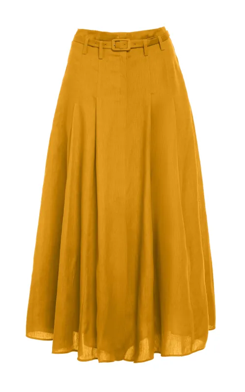 Dugald Pleated Midi Skirt in Golden Birch Aloe Linen sold by Gabriela Hearst