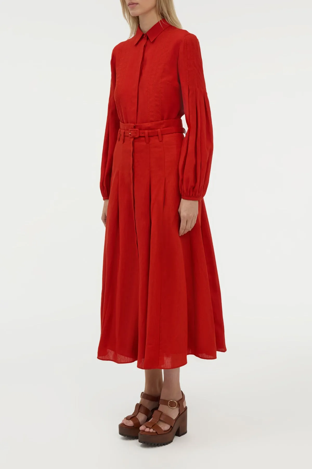 Dugald Pleated Midi Skirt in Antelope Orange Aloe Linen sold by Gabriela Hearst product image thumbnail 3