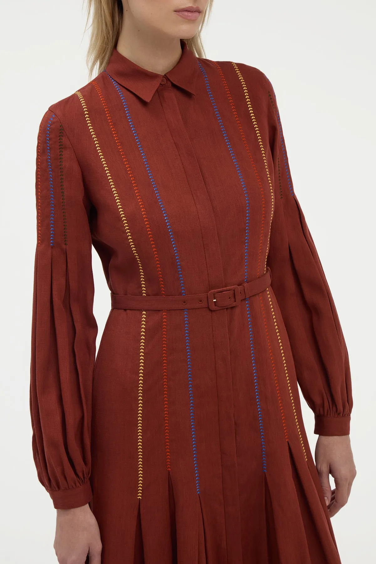 Aleka Pleated Midi Shirtdress in Burnt Sienna Multi Aloe Linen sold by Gabriela Hearst product image thumbnail 5