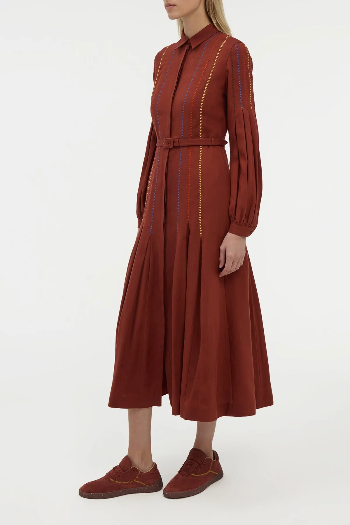 Aleka Pleated Midi Shirtdress in Burnt Sienna Multi Aloe Linen sold by Gabriela Hearst product image thumbnail 3