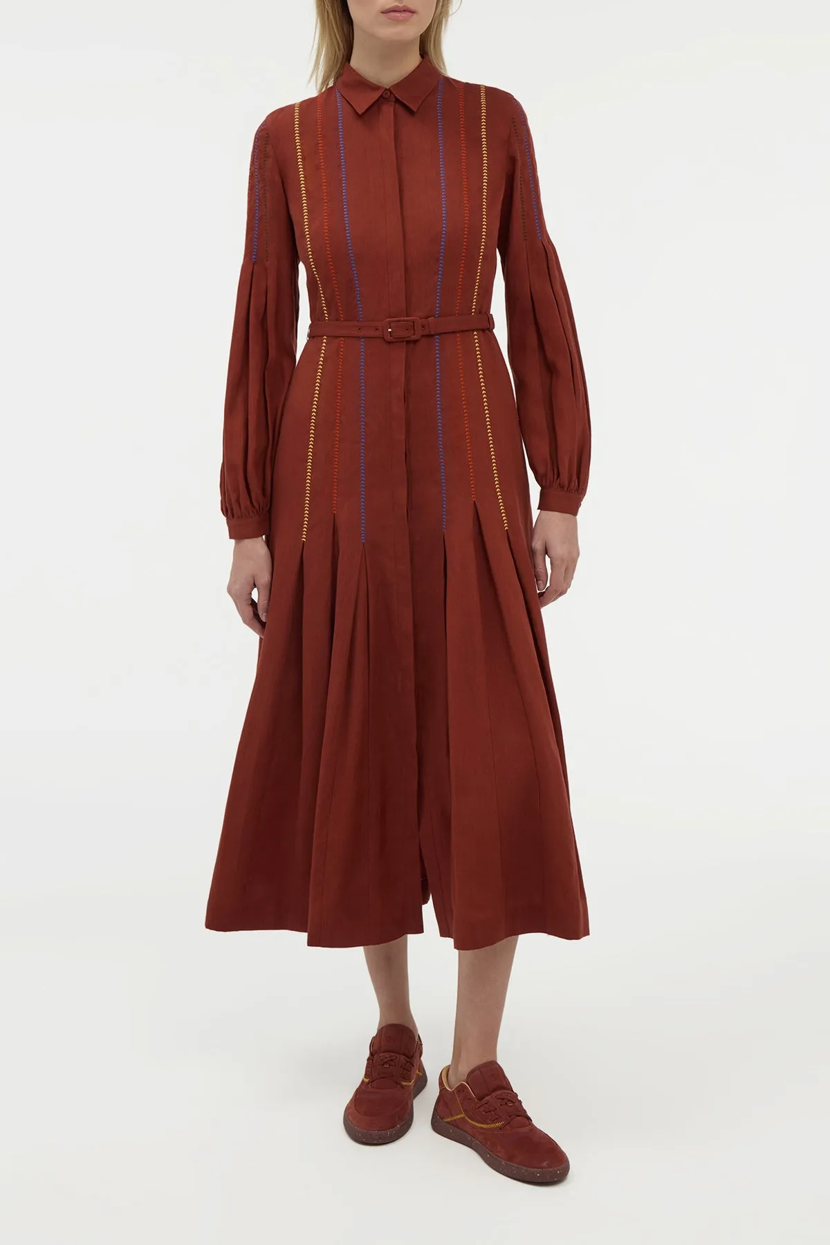 Aleka Pleated Midi Shirtdress in Burnt Sienna Multi Aloe Linen sold by Gabriela Hearst product image thumbnail 2