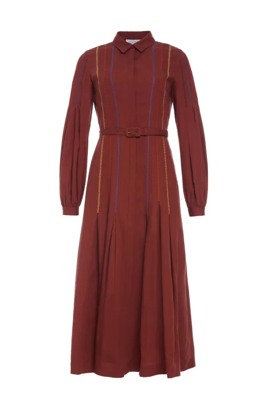 Aleka Pleated Midi Shirtdress in Burnt Sienna Multi Aloe Linen sold by Gabriela Hearst