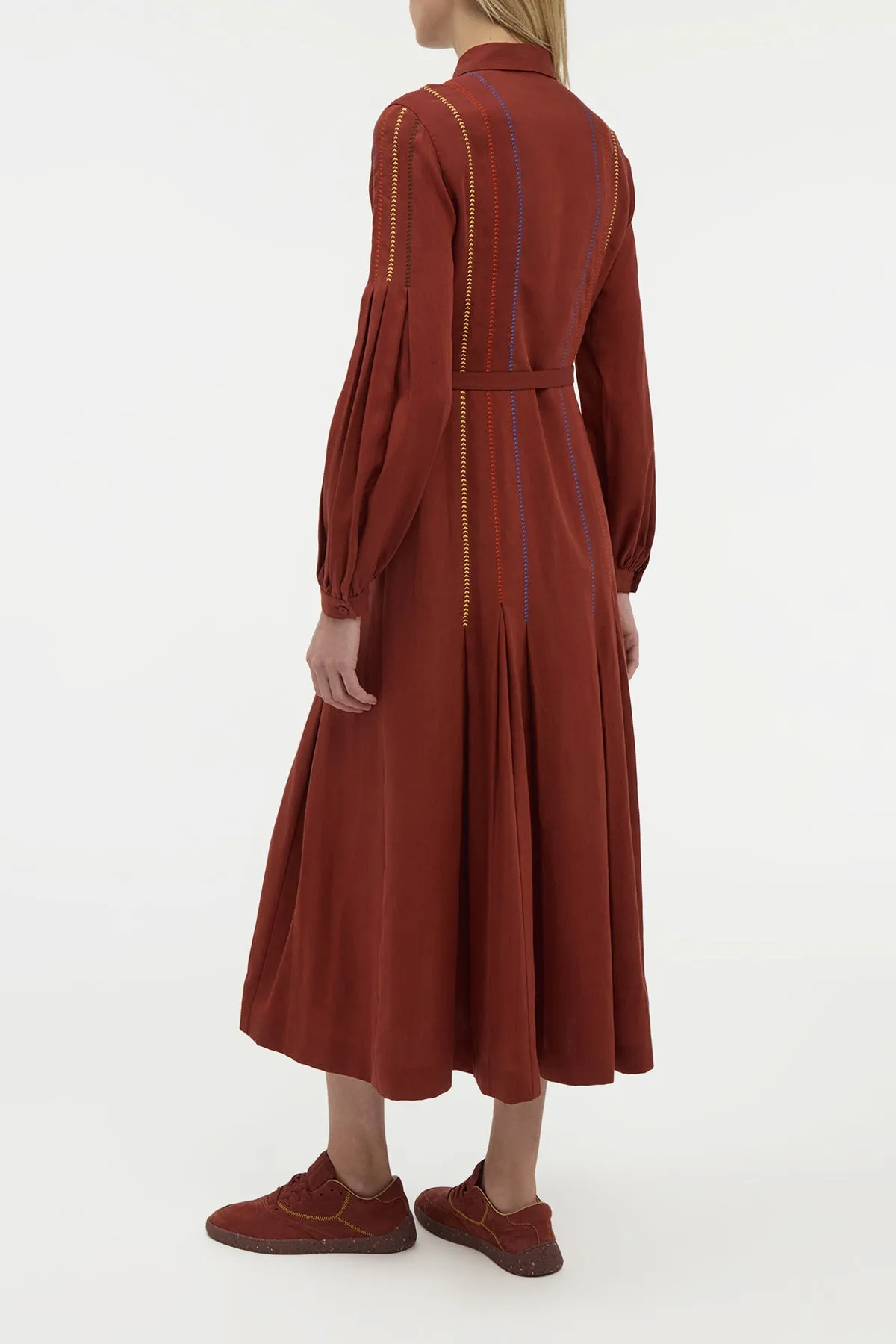 Aleka Pleated Midi Shirtdress in Burnt Sienna Multi Aloe Linen sold by Gabriela Hearst product image thumbnail 4
