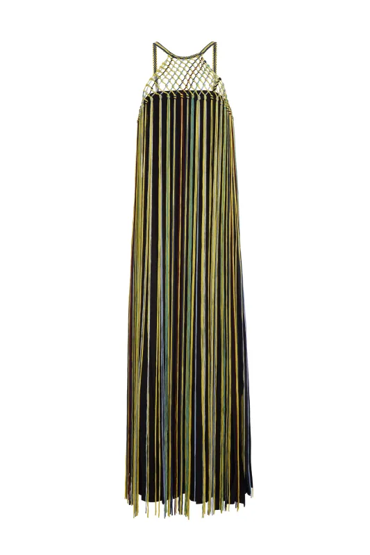 Tacia Fringe Maxi Dress in Black Multi Silk sold by Gabriela Hearst