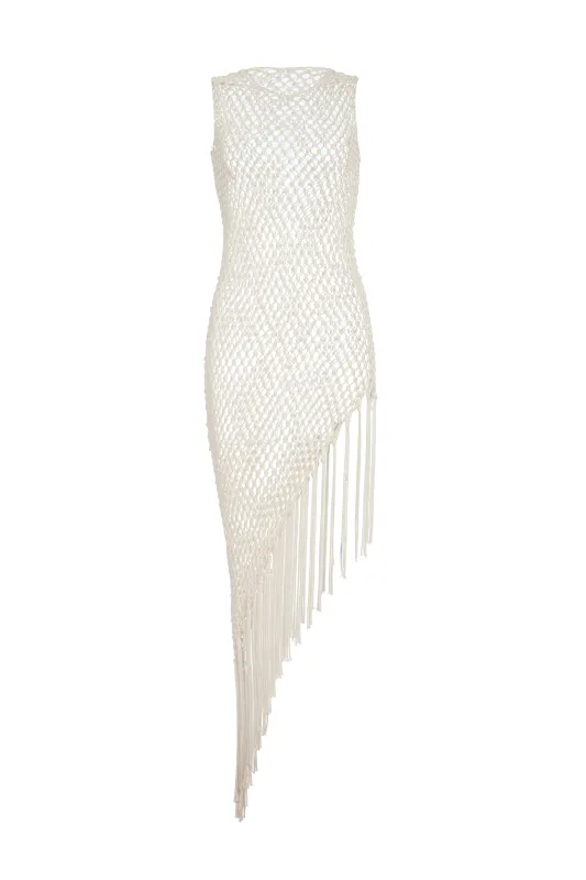 Nabia L Fringe Macrame Maxi Dress in Ivory Silk sold by Gabriela Hearst