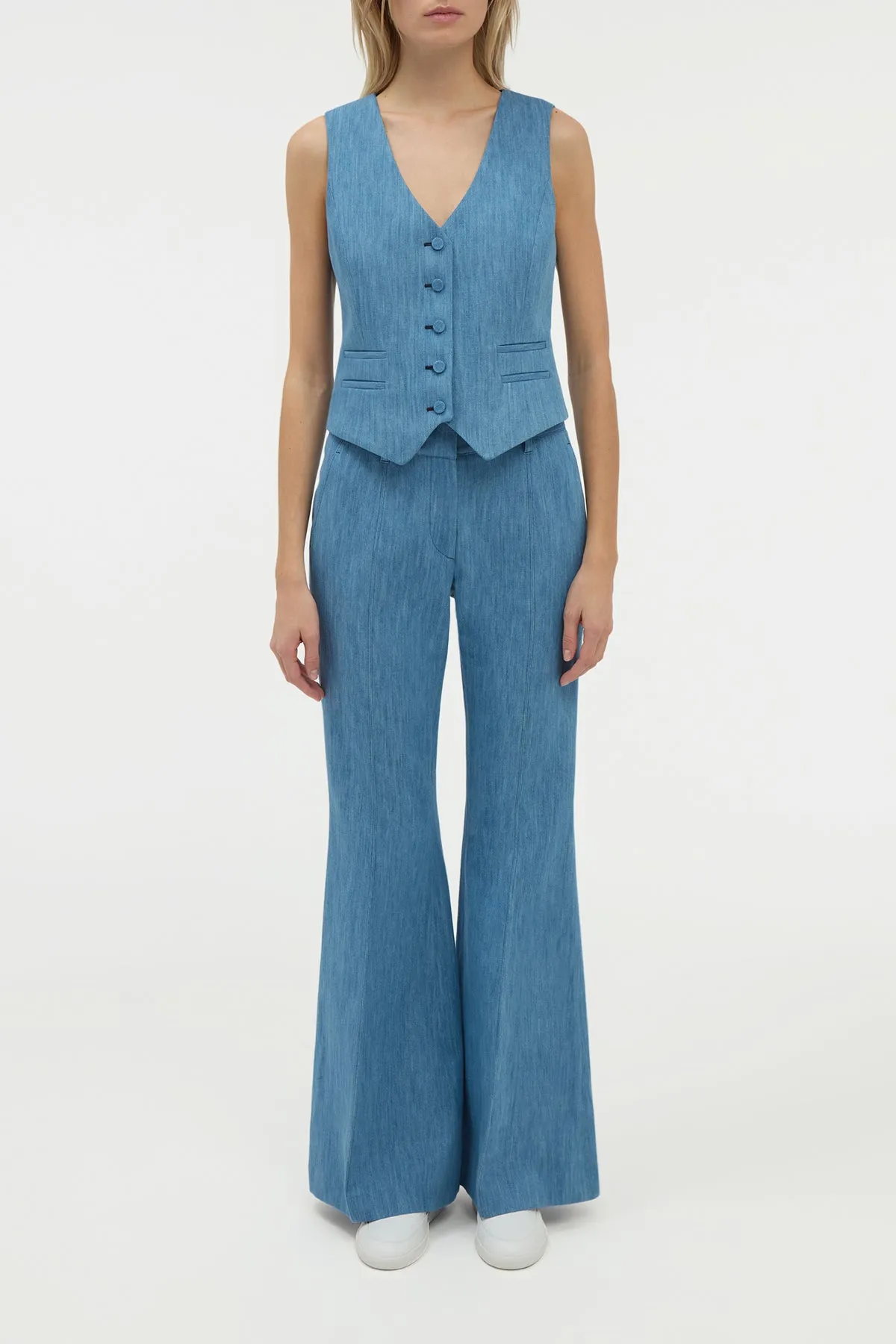Rhein Flare Pant in Medium Blue Recycled Cotton Linen Denim sold by Gabriela Hearst product image thumbnail 2