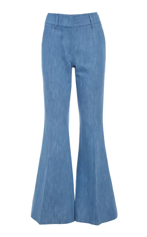 Rhein Flare Pant in Medium Blue Recycled Cotton Linen Denim sold by Gabriela Hearst