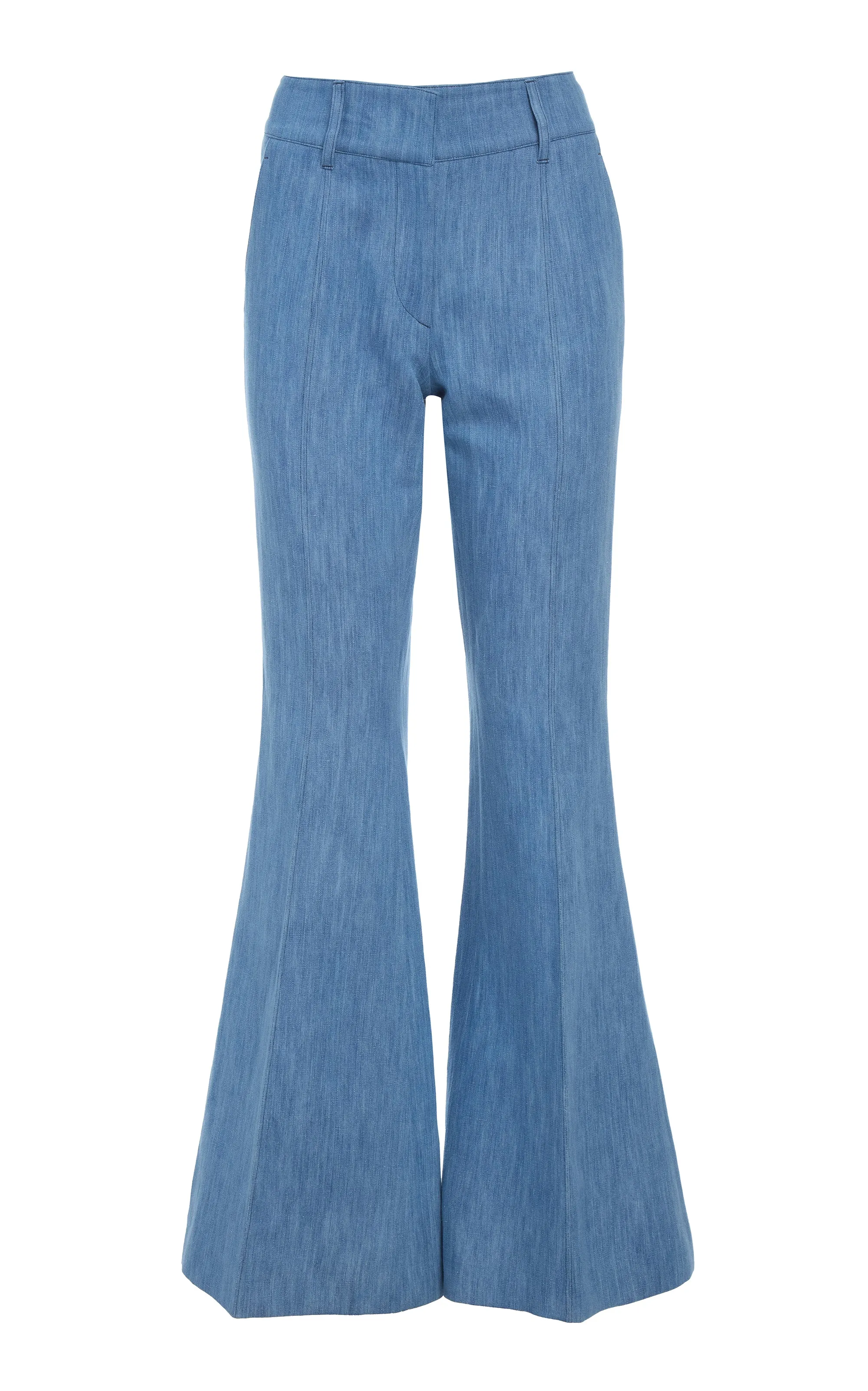 Rhein Flare Pant in Medium Blue Recycled Cotton Linen Denim sold by Gabriela Hearst