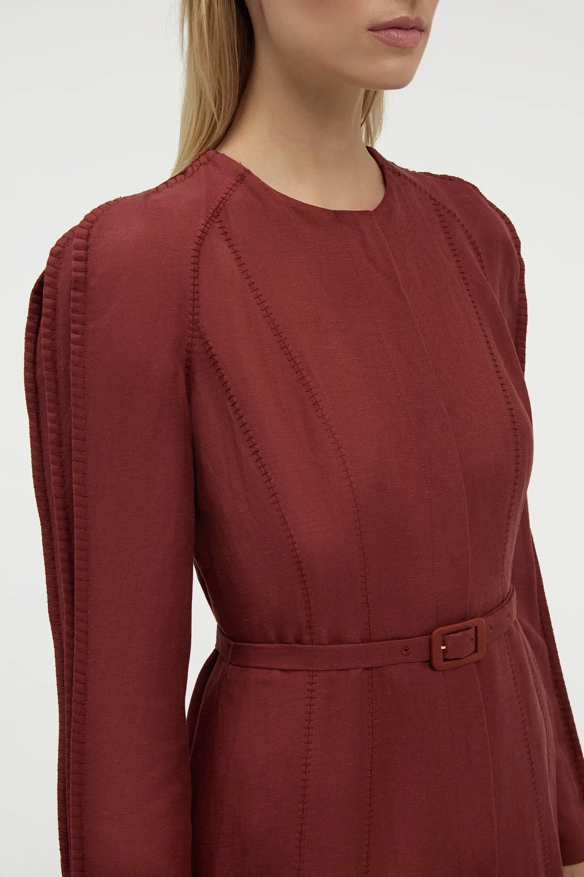 Niles Pleated Maxi Shirtdress in Burnt Sienna Linen Silk Twill sold by Gabriela Hearst product image thumbnail 5